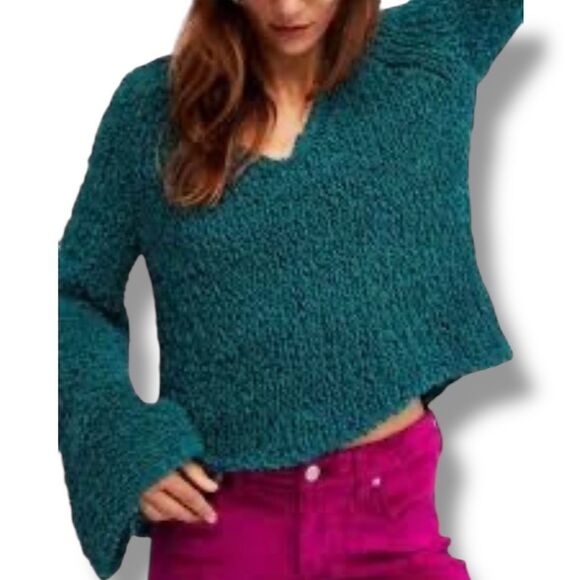 Free People Dune Bell Sleeved Green Oversized Cropped Knit V Neck Sweater S - Picture 1 of 15